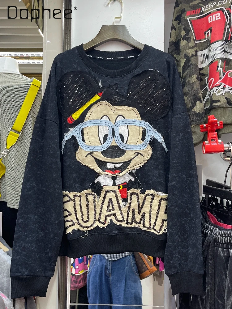 Early Autumn Fashion Trend American Style Casual Heavy Sequin Cartoon Patch Pullover Sweatshirt Loose Casual Long Sleeve Top