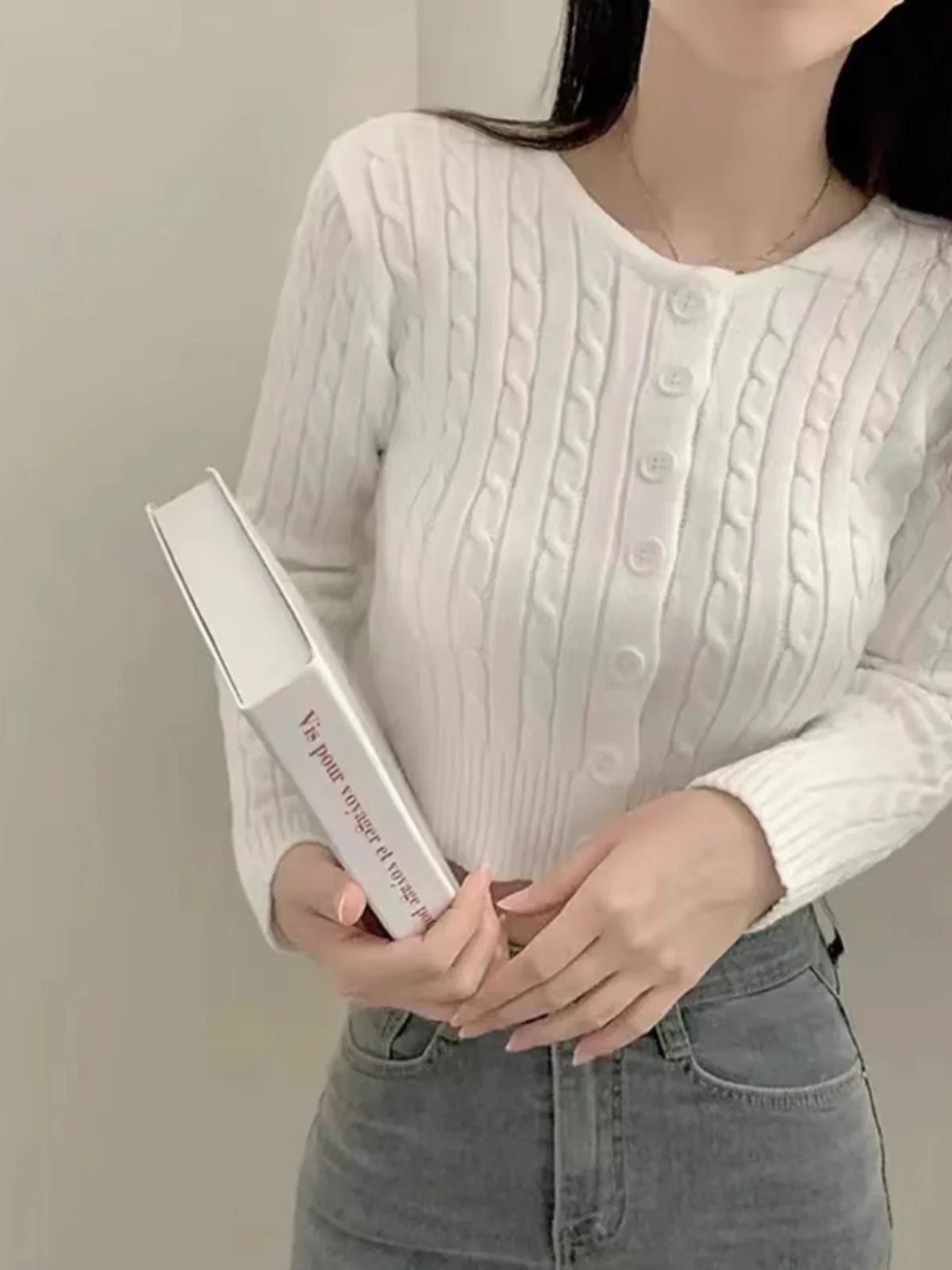 Chic Vintage Long Sve Knitted Open Cardigan Women's Autumn Sle Thin round Ne Twist Sweater Jaet Lightweight Top