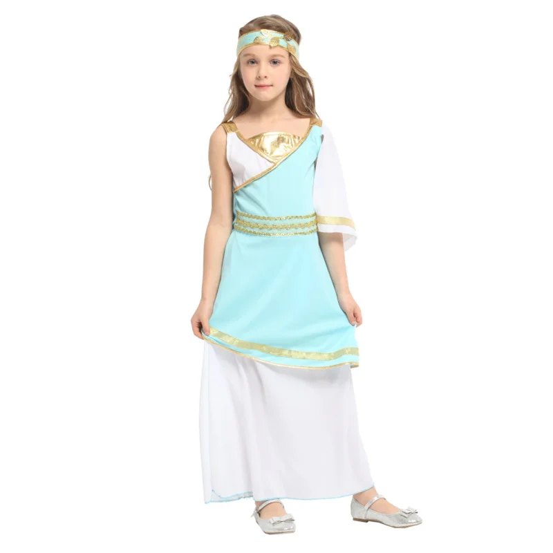 Kids Child Ancient Greek Goddess Costume Athena Cosplay Girls Roman Grecian Toga Dress Purim Halloween Party Cosplay Dress AS325