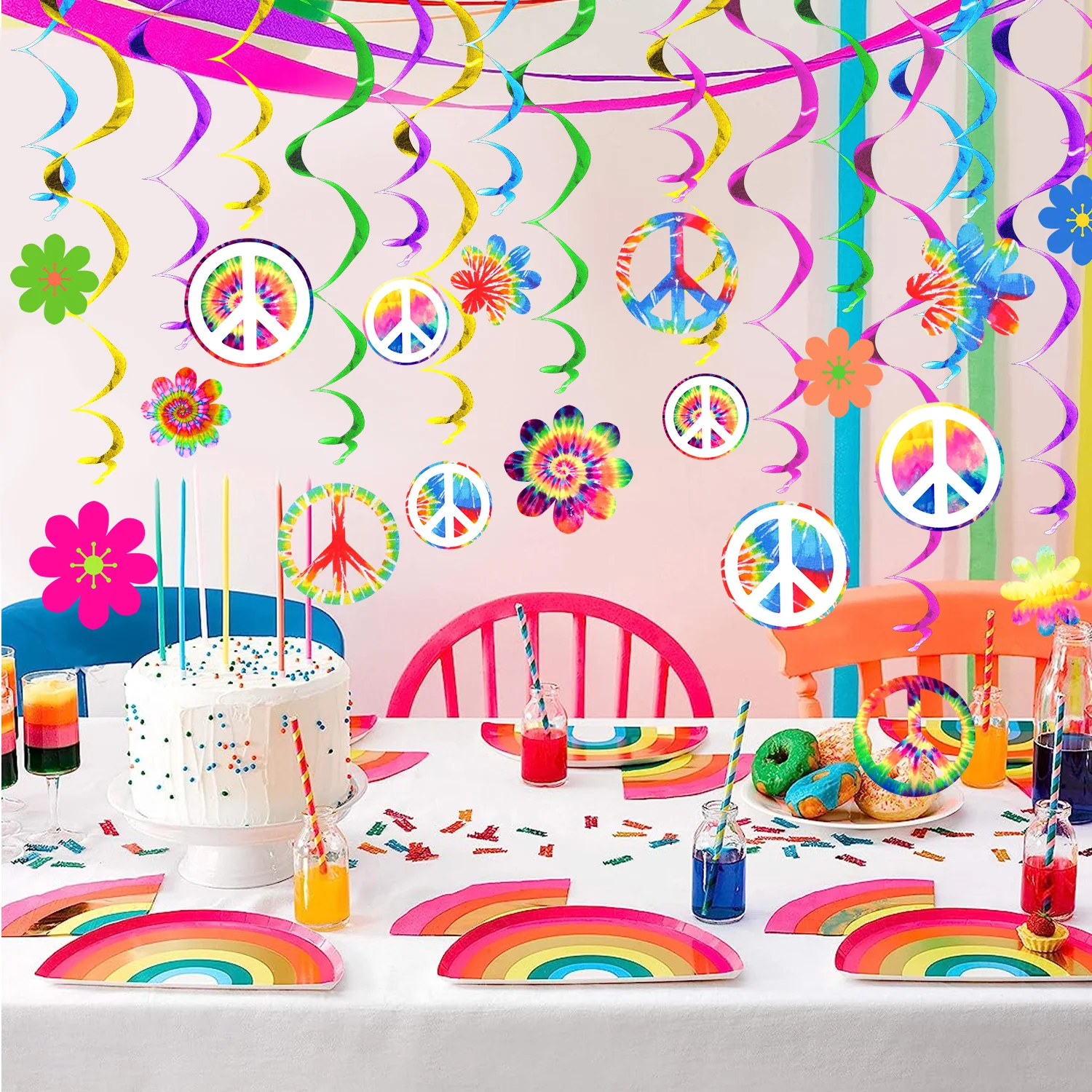 18Pcs Colorful Bohemia Groovy Spiral Banner Hippie Boho Theme Swirl Hanging Garland for Birthday Baby Shower Party Decoration