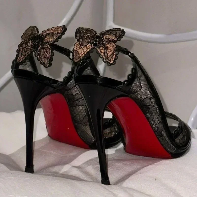 

Sexy Cutout Lace Bowknot Women Pumps Summer Peep Toe Slingback Sandals Thin High Heels Black Patent Leather Party Wedding Shoes