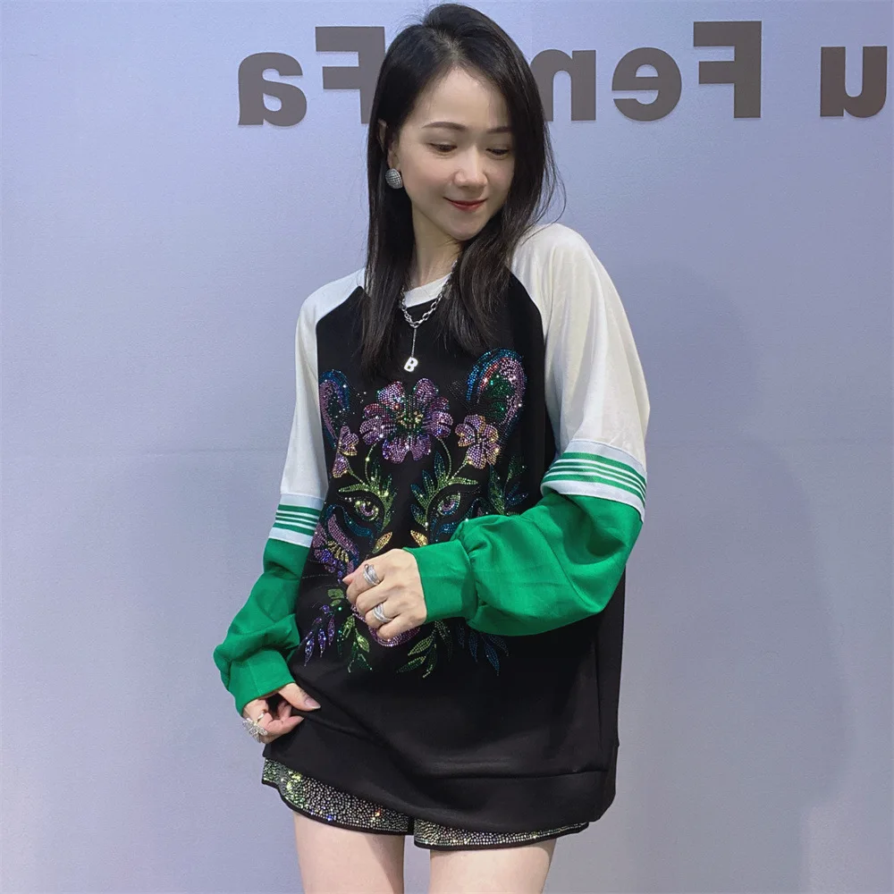 European Hot Diamond Sweatshirts Women's Autumn Coat Loose Fashion Round Neck Space Cotton Splicing Color Cartoon Sweatshirt