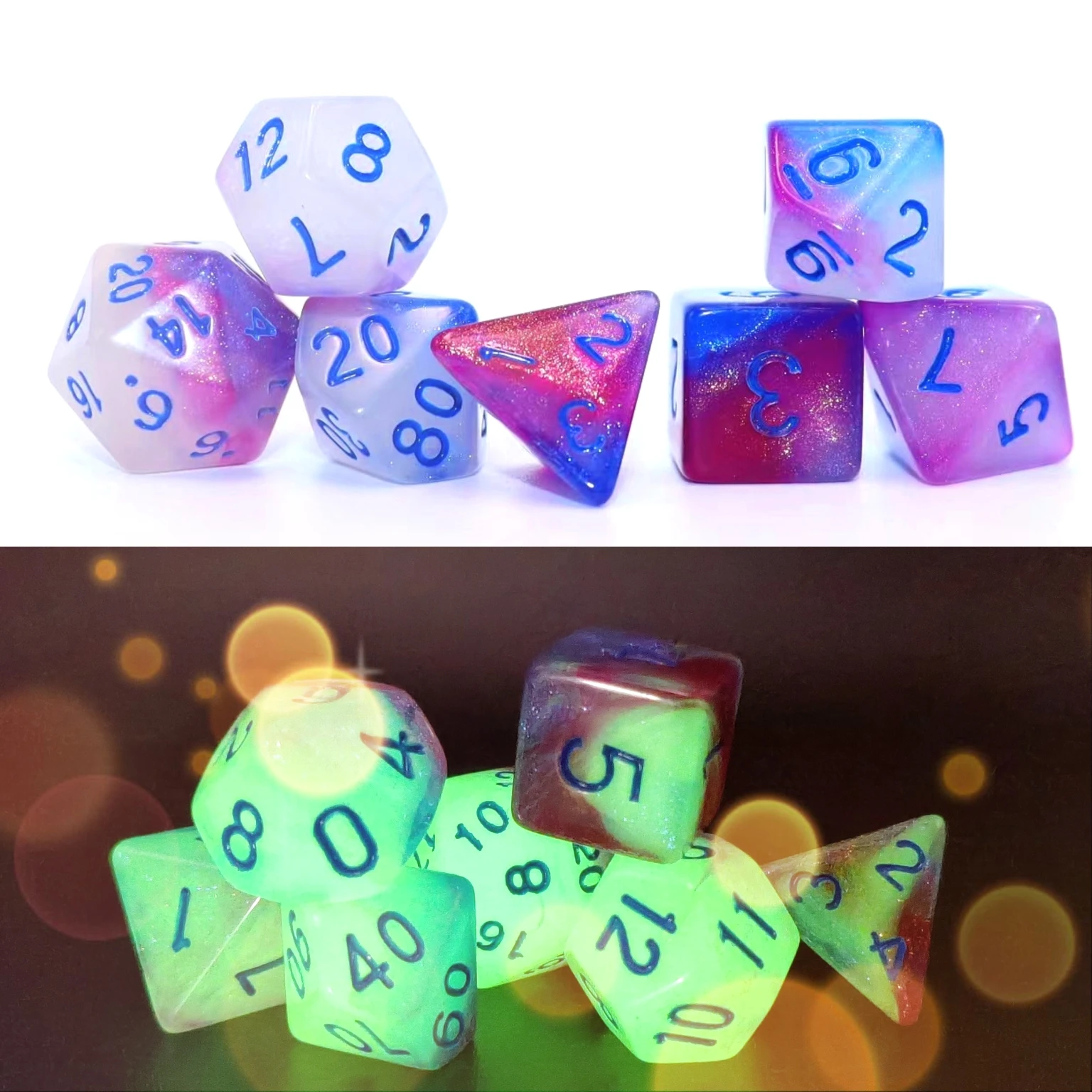 7pcs purple and white plus glow-in-the-dark, dice set, game accessories dice, glow-in-the-dark dice, board game supplies, leisur