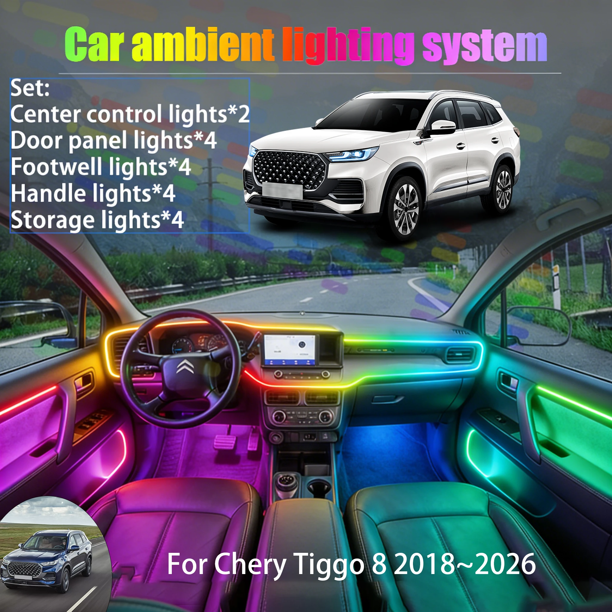 

For Chery Tiggo 8 2018~2026 T18 2/18 in 1 Car ambient lighting Led trunk interior led lights USB RGB Ensemble Streamer Auto Part