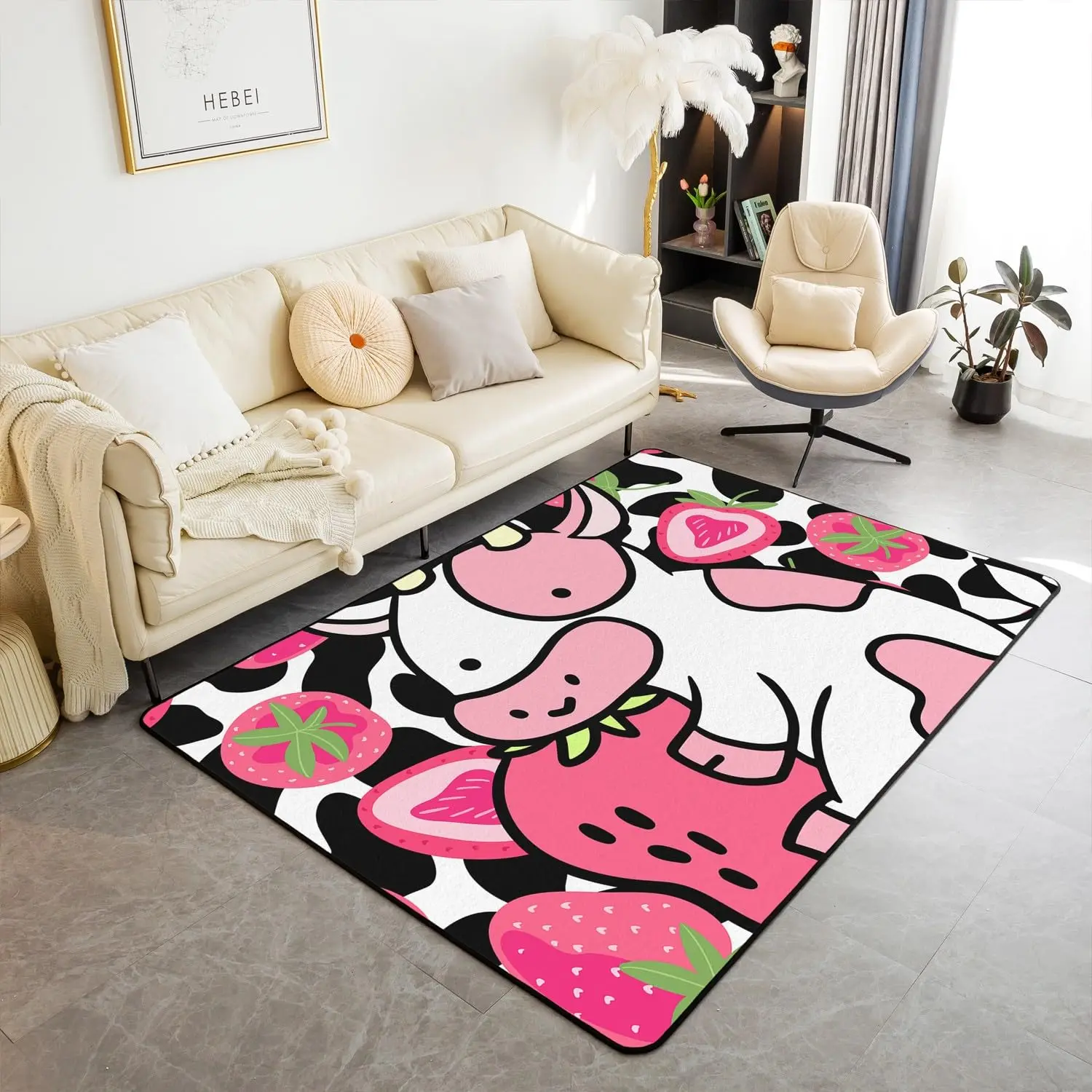 Cartoon Strawberry Milk Cow Large Rugs Home Living Room Kids Bedroom Decor Floor Mat Lovely Farm Animal Cattle Carpet Doormat