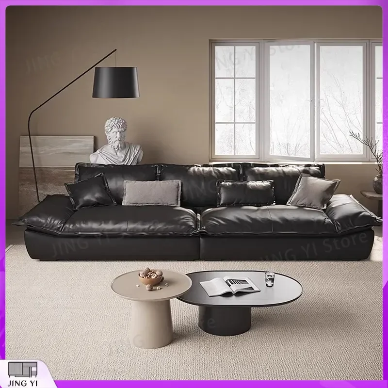 Italian Minimalist Leather Sofa First Layer Cowhide Straight Living Room Sofa Deep Seating Three Person Sofa Modern Sectional