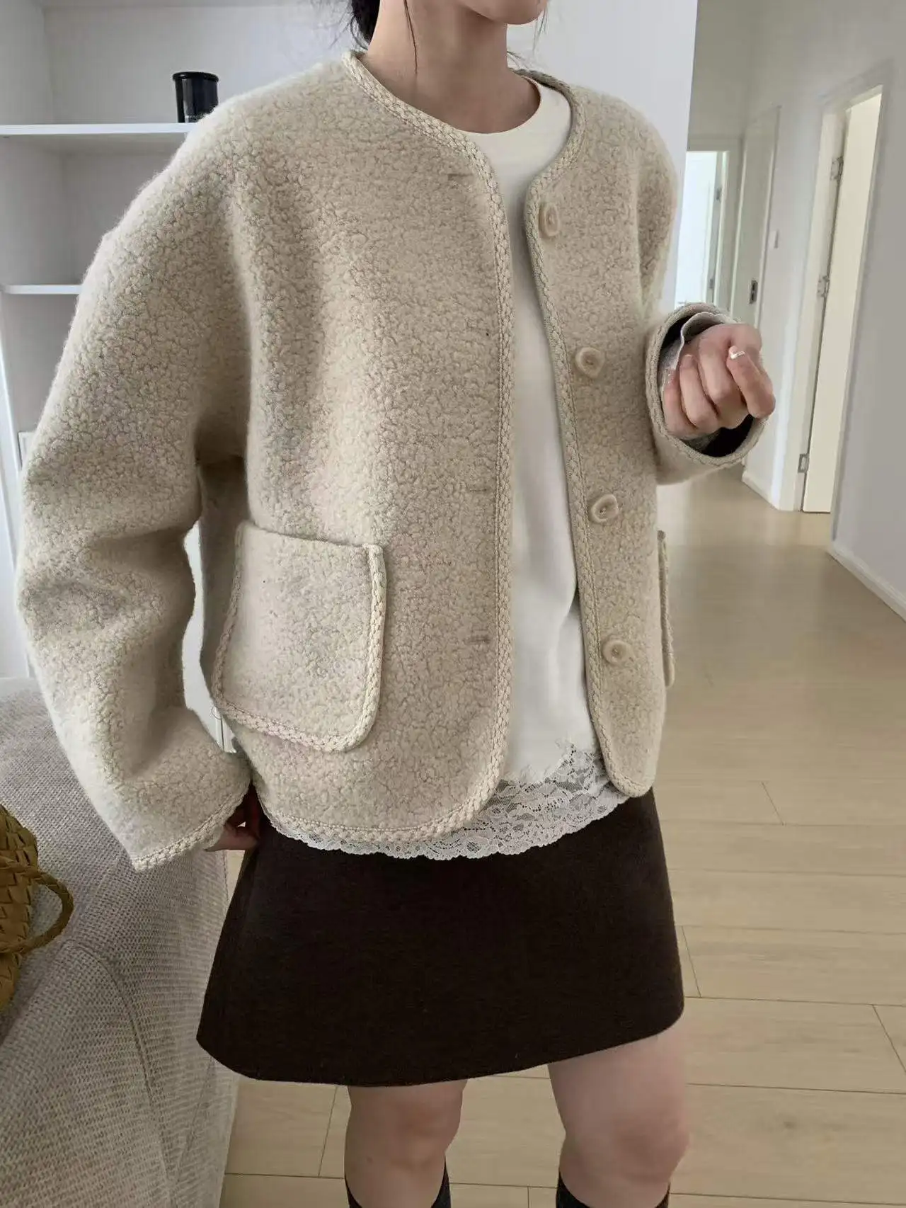 

Retro round Ne ort Woolen Jaet Women's Loose Fit Autumn Winter Coat Single Button Design Versatile Slimming F25336