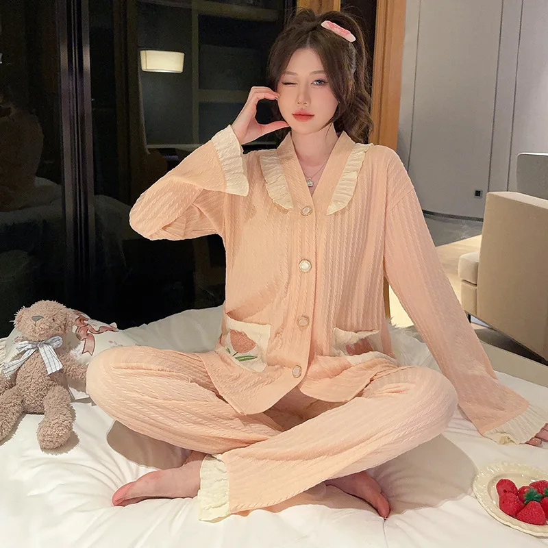 طقم بيجامة نسائية بأكمام طويلة ، قميص بأزرار ، بنطلون طويل ، ملابس فضفاضة ، ملابس منزلية للطلاب البنات ، ملابس منزلية ، مقاس كبير 5XL ، الخريف