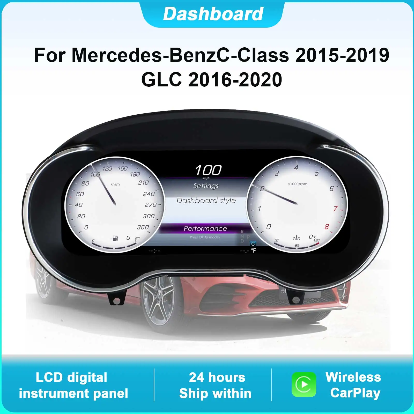 

Digital Instrument Cluster For Mercedes-Benz C-Class 2015-2019 GLC 2016-2020 Speedometer 12.3”HD screen IOS CarPlay