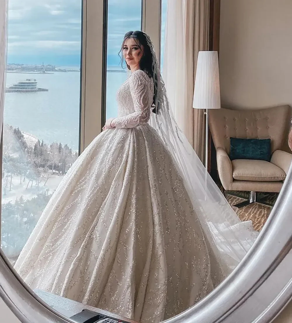 Maßgeschneidertes Luxus-Brautkleid mit Herzausschnitt und Langen Ärmeln, A-Linie mit Pailletten-Applikationen, Bodenlange Hochzeitsrobe 2026 Vestido De Noiva – Detail 5