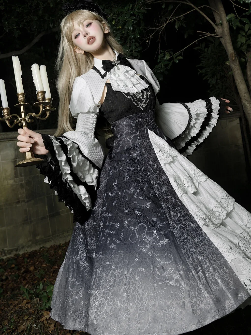 Original Design Gothic Lolita Suspender Dress and Long Sleeve Top Set Two-piece Female Cosplay High Waist Slim Long Dress Set