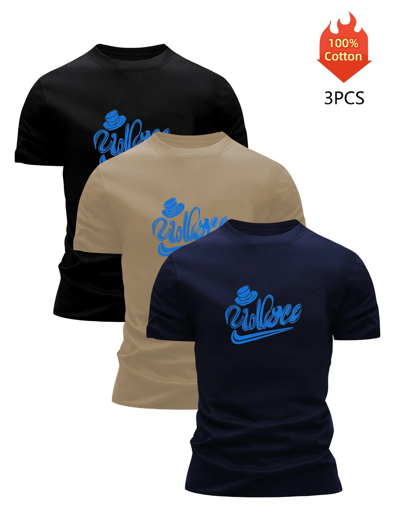 Printed T-Shirt 3 Pack Men's 100% Cotton Graphic Tees Funny Summer Blouse Casual Breathable Cool Luxury High Quality Clothing