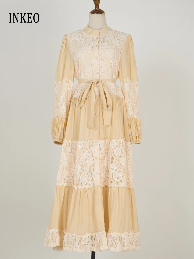 

Кружевное тюлевое длинное платье-рубашка с поясом для женщин, новинка 2025 года, высокое качество, элегантное платье макси с пышными рукавами и вышивкой жемчугом 5D104