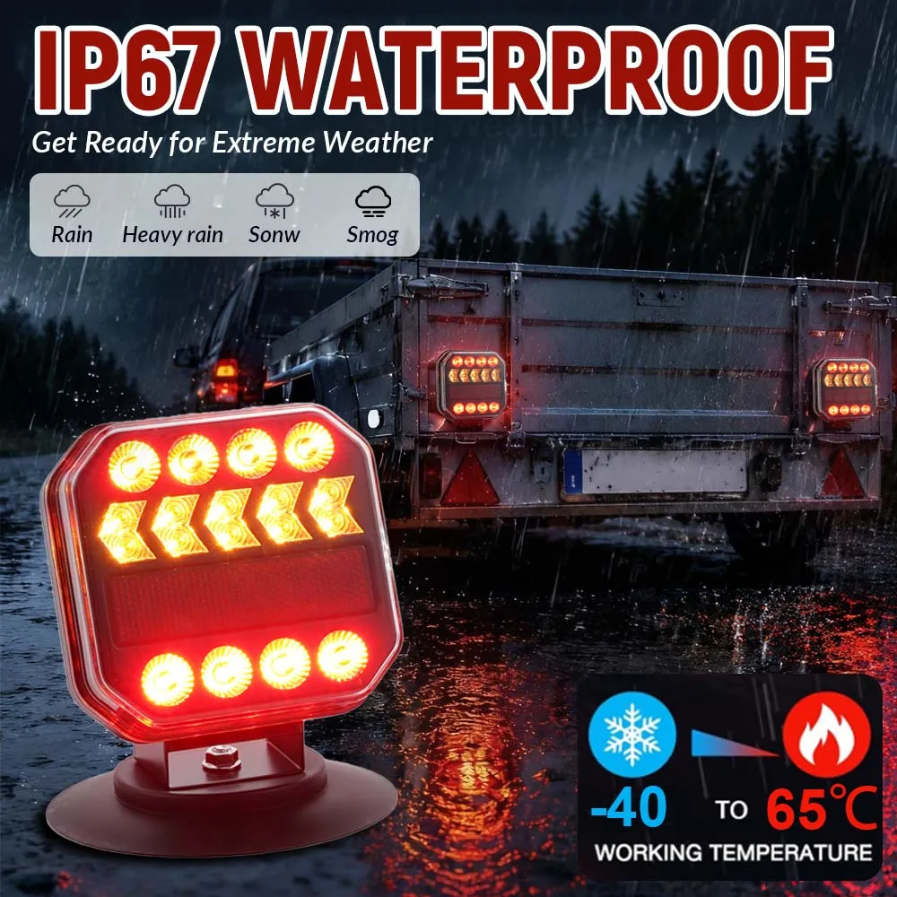 Wireless Magnetic Trailer Light Kit 10-30V Waterproof LED Tow Tail Light with Suction Cup Fixing Rechargeable Trailer Light