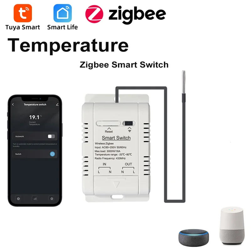 ABJF-Wifi Smart Temperature Switch With 1M Sensor Ewelink 16A Temperature Switch Supports Voice Control