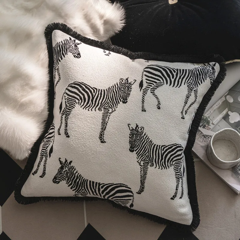 DUNXDECO Zebra Pillow Cover French Luxury Patio Cushion Case Home Cojines Modern Soft White Black Chenille Sofa Chair Decor