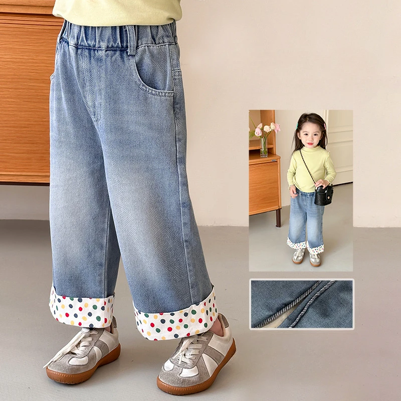 

Girls Jean Pants 2024 Spring and Summer New Children Fresh Color Polka Dot Jeans Korean Style Foreign Fashion Blue Jean