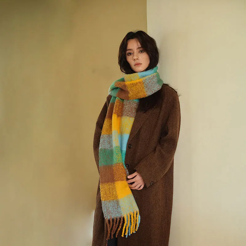 2024Winter New Wool Women's Scarf Warm Contrast Grid with Wool Lock Warmth Scarf Thickened WarmthOuter Wear Cold resistant Shawl