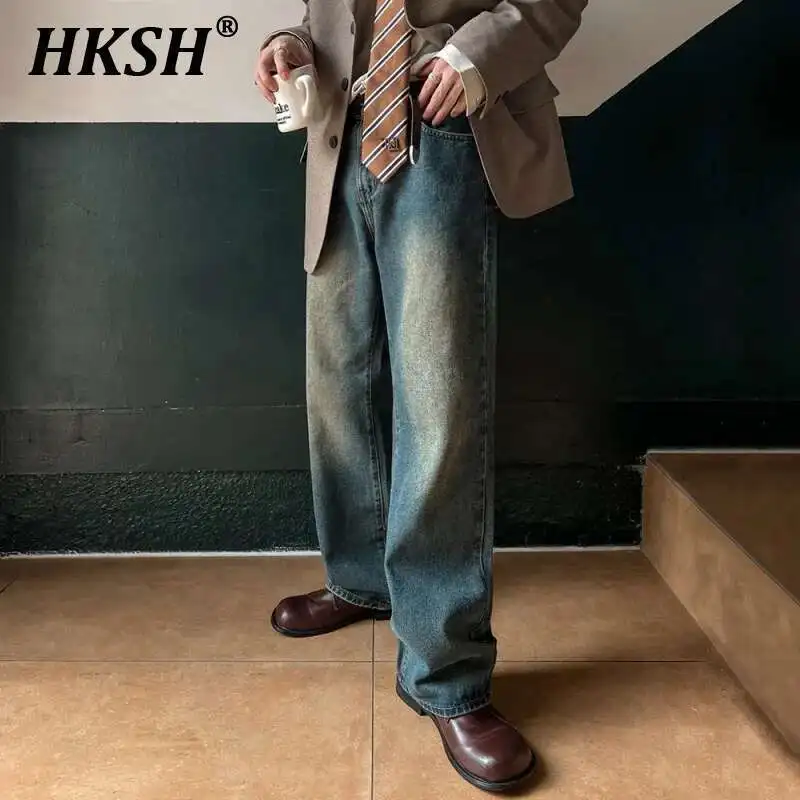 

HKSH Men Tide Spring New Long Straight Denim Pants Korean Stylish Trend Wide Leg Washed Jeans High Street Vintage Elegant HK4124