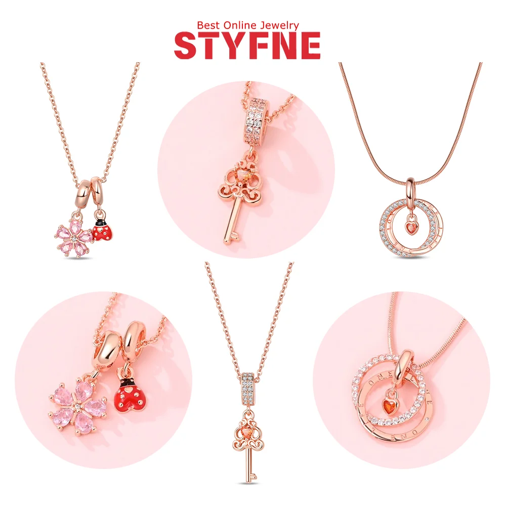 

New 925 Silver Rose Gold Shiny Zircon Flower Ladybug Fairy Tale Key Necklace for Women Birthday Anniversary Fine Jewelry Gifts