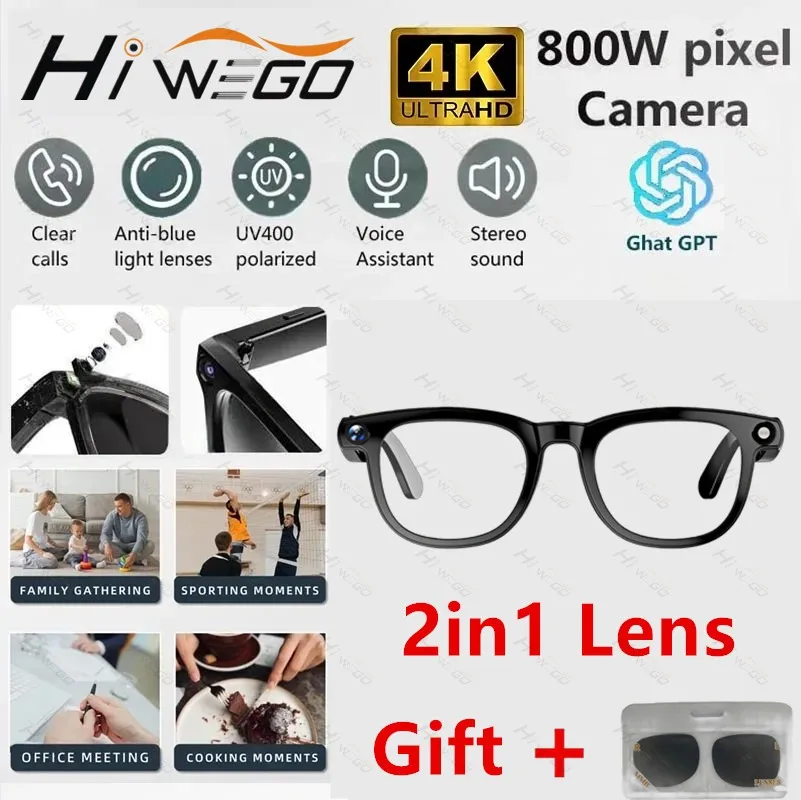 2 in 1 4K 스마트 AI 안경 800W 픽셀 AI 촬영 카메라 HD 사진 비디오 음성 통화 번역 방수 블루투스 AI 안경