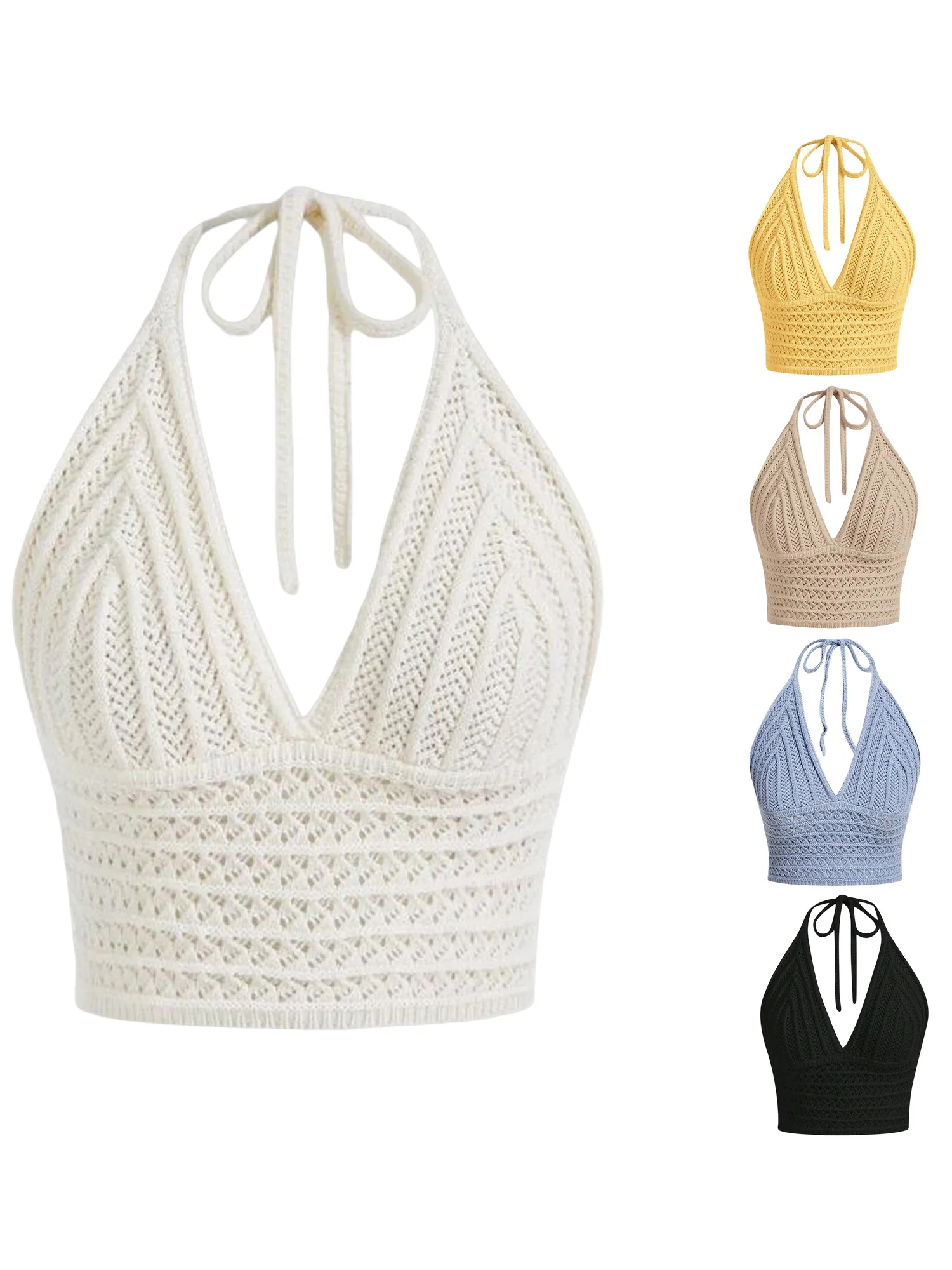 Ladies Sleeveless Knit Crop Top with Tie Halter Neck Solid Color Camisole Tank Summer Cami Shirt for Women