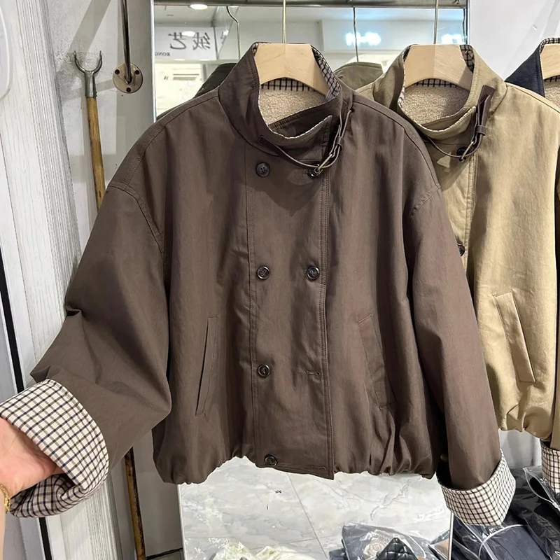 

Винтажная повседневная куртка-карго, женская клетчатая лоскутная уличная одежда с воротником-стойкой, пальто в Корейском стиле, зимняя толстая теплая свободная верхняя одежда на пуговицах