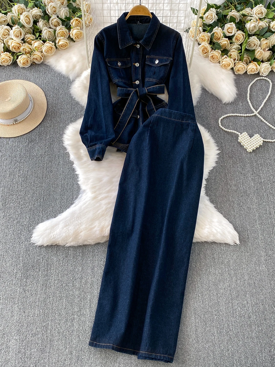 

Hong Kong Sle Retro Faion Single Button Waist Cinching Design ket Denim Jaet High Waist Wide Leg Pants Two Piece Set...