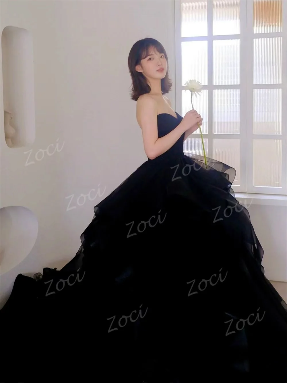 Zoci fada tule querida preto coreia vestidos de casamento personalizado em camadas sem mangas recepção de casamento fotos sessão vestido de festa