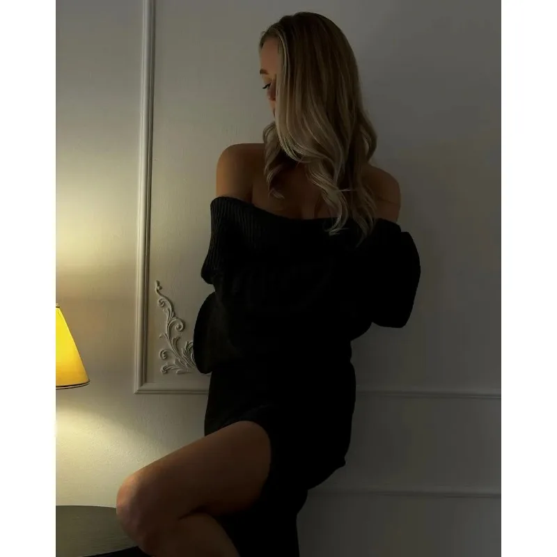 السيدات تريكو فستان ماكسي موضة متماسكة فستان طويل خارج الكتف الإناث مضلع فضفاض عالية الخصر أنيقة الخريف فستان الحفلات #6