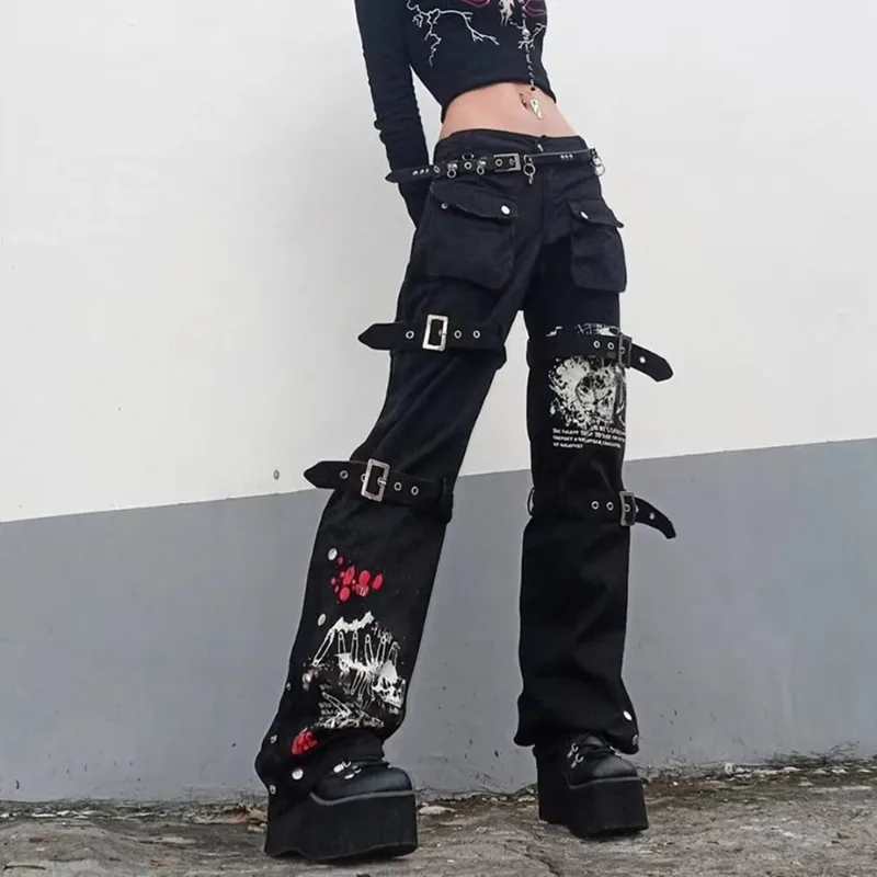 Y2K Western Design Graphic Metal Buckle Draped Washed Punk Unisex Jeans Dark Academia Girl Cargo Pants Gothic Hippie Trousers