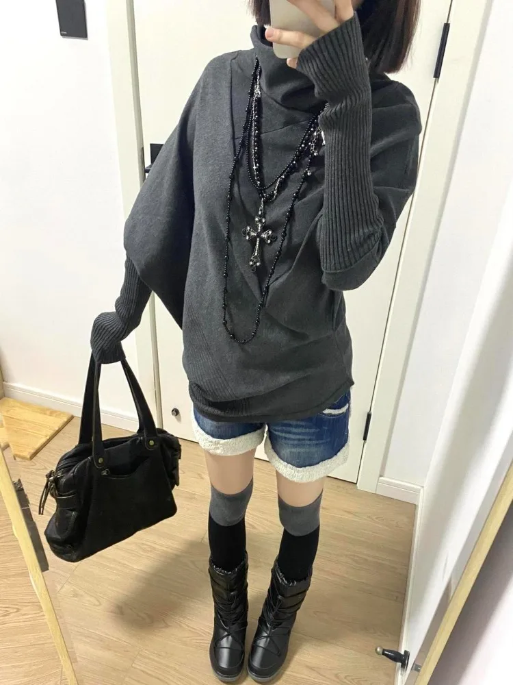 

Autumn Winter Vintage Bottoming Pullovers Irregular Slim Fit Knitted Top for Women Casual All-match Grey Sweaters Mujer Knitwear