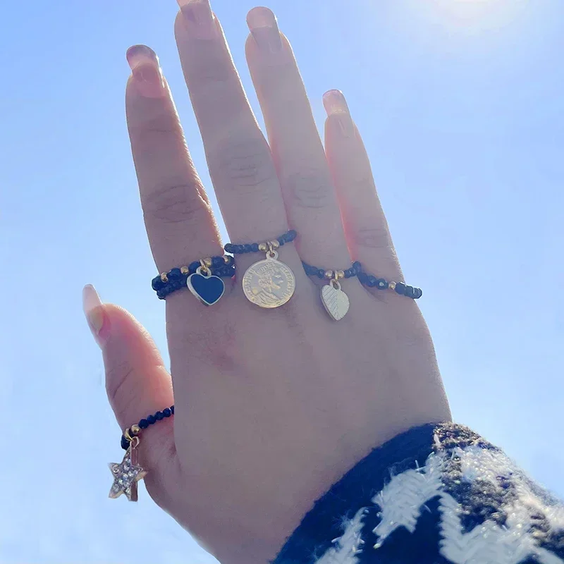 Obsidian Heart Star Charm Rings Women Ethnic Handmade Fashion Stainless Steel Jewelry Natural Stone Ring Wholesale