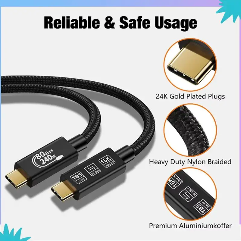 ABZW Thunderbolt 5 80Gbps USB 4.0 Type-C كابل تمديد البيانات 240 واط 16 كيلو كابل شحن سريع تخزين بيانات فائق السرعة لـ USB C Mo