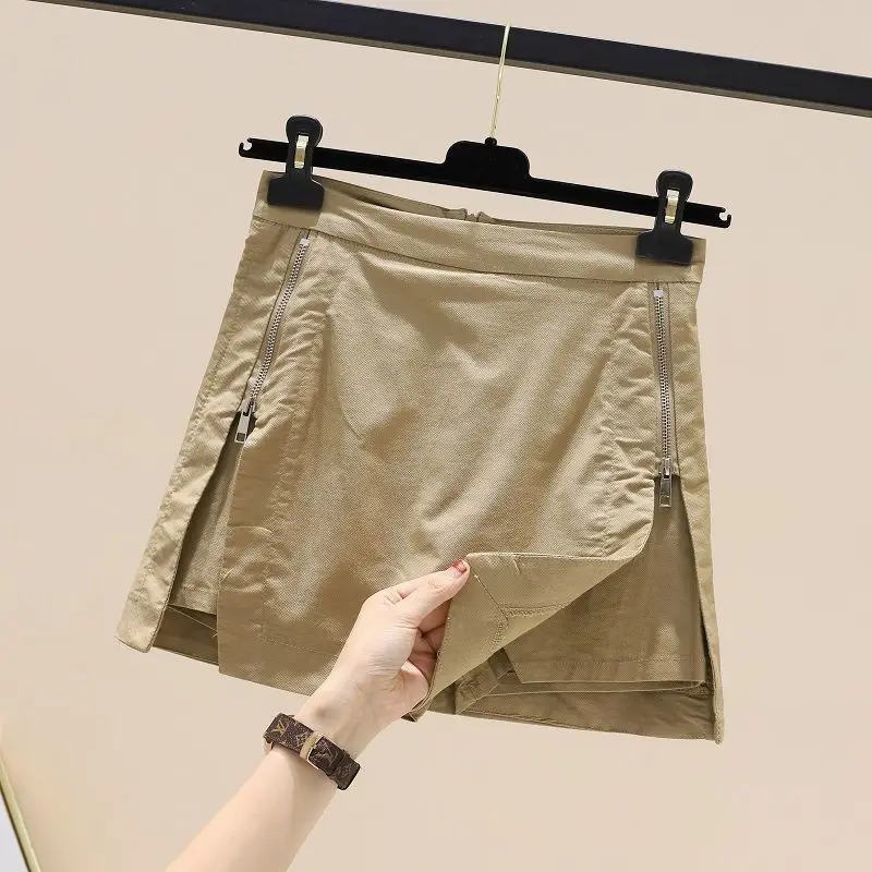 

Шорты-юбка женские весна-лето с эластичным поясом, винтажные, повседневные, в стиле фэшн, с эффектом двухслойности, на молнии, с лоскутным дизайном