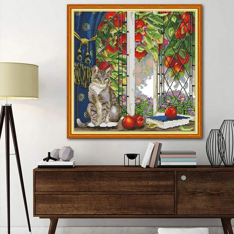 

Joy Sunday Pre-printed Cross Stitch Kit Easy Pattern Aida Stamped Fabric Embroidery Set-Cat on The Windowsill 2