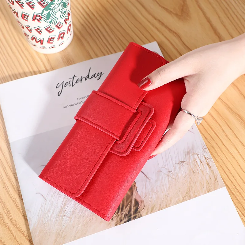 Simple Long Money Wallet Student Clutch Women Solid Color Multi-function Purse Multi-card Holder Pocket Buckle Card Bag