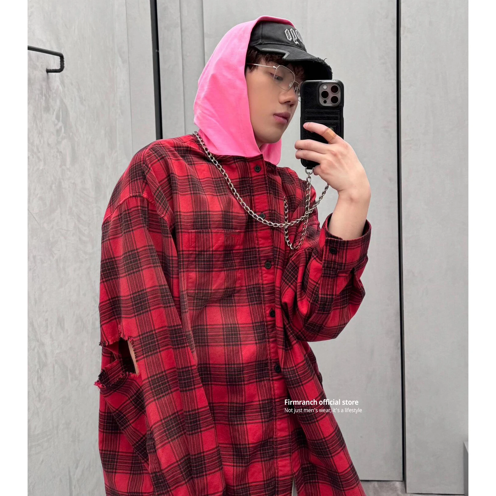 

Firmranch Parisian Fashion Pink Hood Patchwork Flannel Plaid Long-sleeved Shirt Jackets Men Women's Blouse Spring Autumn Clothes