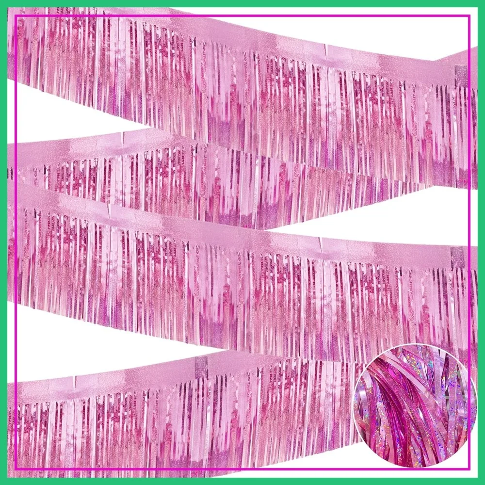 

4 Pack Each 10 Feet Glitter Pink Parade Float Decorations for Trailer Car, Foil Fringe Tinsel Streamers Banner Garland for Graduation, Homecoming, Birthday Party