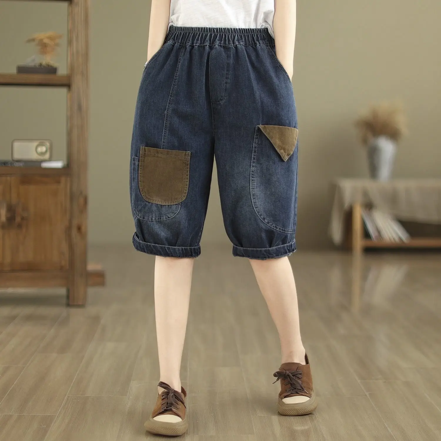 Summer Thin Casual Elastic Waist Jeans Ladies Fashion Loose Pocket Quarter Pants Women Clothes All-match Patchwork Loose Harem