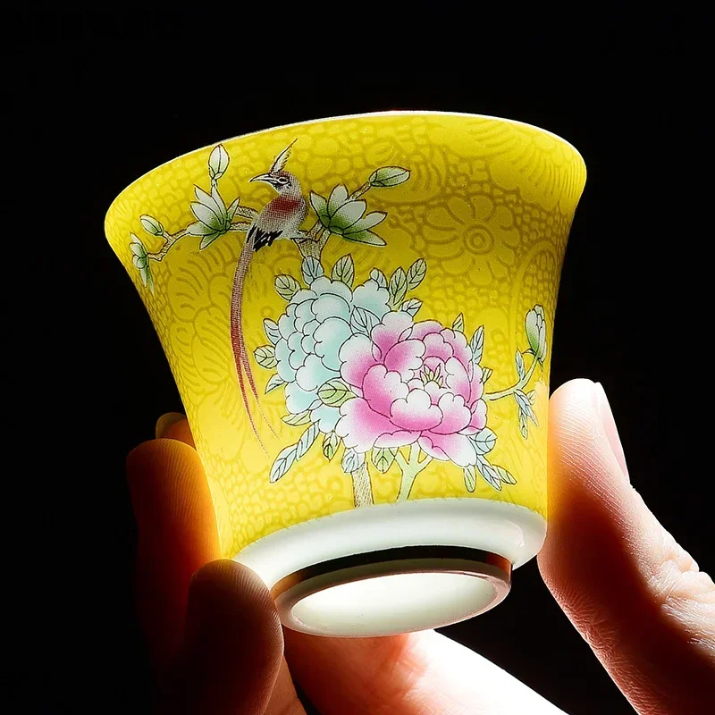 4 Pcs/set Jingdezhen Exquisite Ceramic Teacup Hand Painted Flowers and Birds Enamel Tea Set Travel Portable Tea Bowl Master Cup