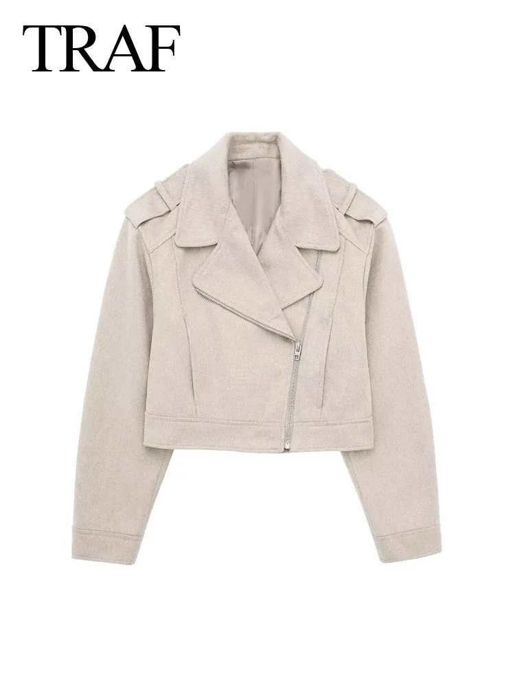 

TRAF Spring Woman's Fashion Chic Short Jacket Solid Turn-Down Collar Long Sleeve Pocket Zipper Female Outerwear High Street Coat