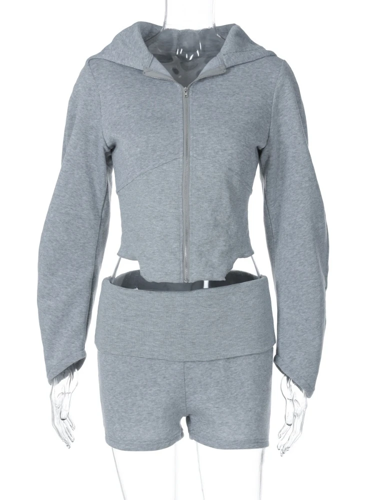 FDYOUI Mode Capuchon Zip-up Corset Sweatshirts en Shorts 2-delige set Dames Sexy Effen Grijze Hoodies Korte Broekpak Streetwear