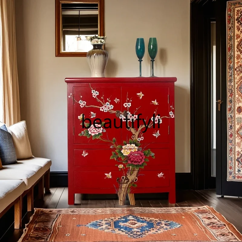 

Chinese retro storage shoe cabinet foyer aisle painted classical entrance cabinet solid wood decorative cabinet