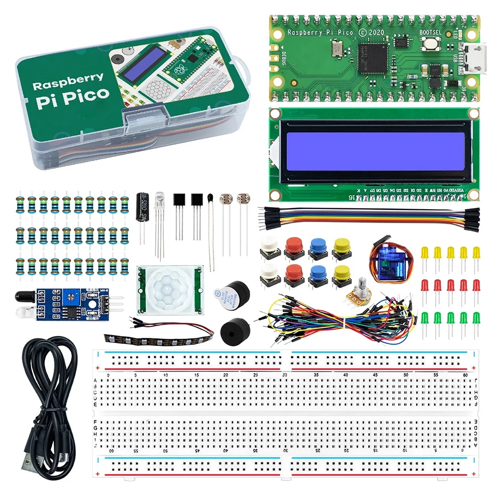 For Raspberry Pi Pico RP2040 Python Programming Beginner Kit PIR Sensor Basic Starter Kit Breadboard 9G Servo Electronic DIY Kit