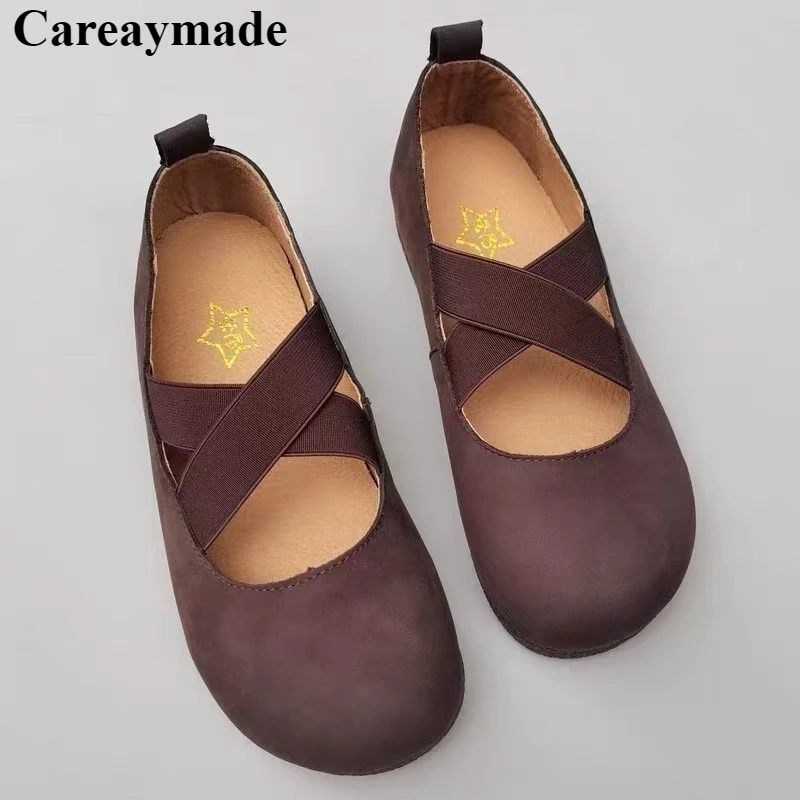 Careaymade-Genuine Leather pure handmade big size ladies' shoes,cowhide solid color round toe shallow mouth low cut lazy shoes