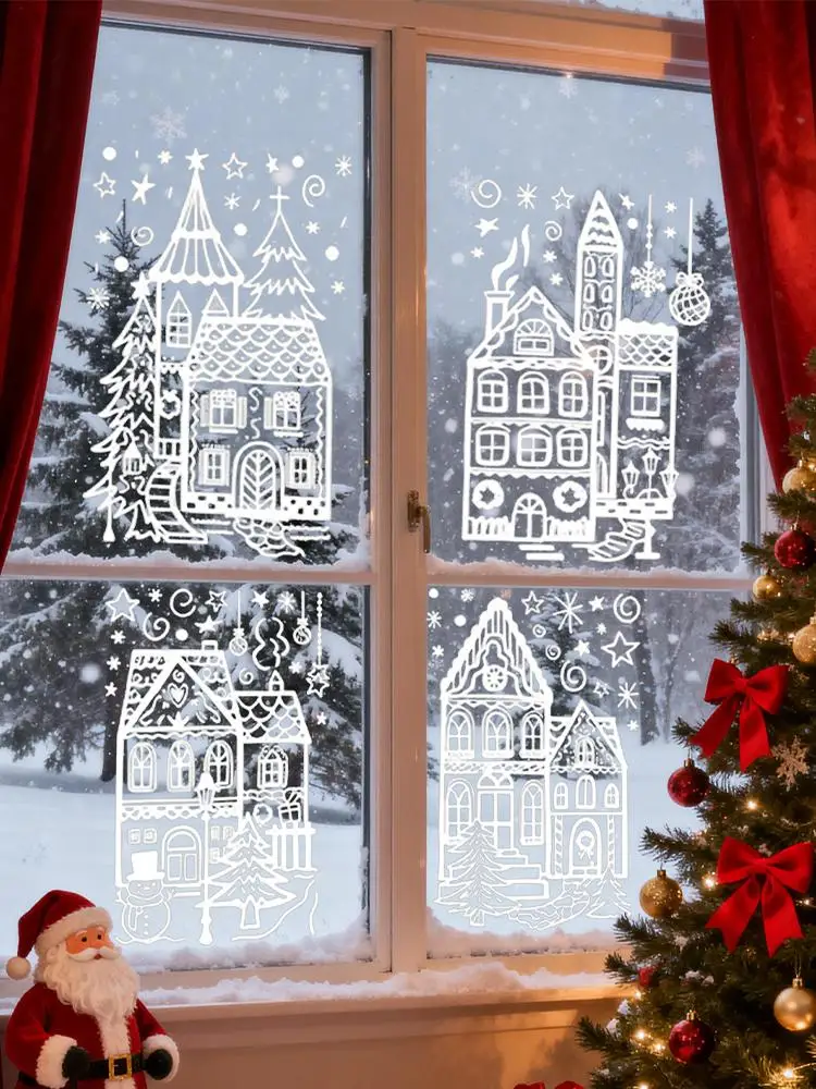 クリスマスビレッジステッカーセット-4枚入り。pvc製のクリスマス街並みステッカーで、壁や窓、カフェなどに飾り付けに最適。