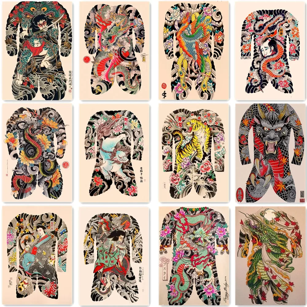 Creative Ukiyo-e Samurai Tattoo Art Design Poster Vintage Kraft Paper Print Art Painting & Calligraphy Arts Room Decor Stickers