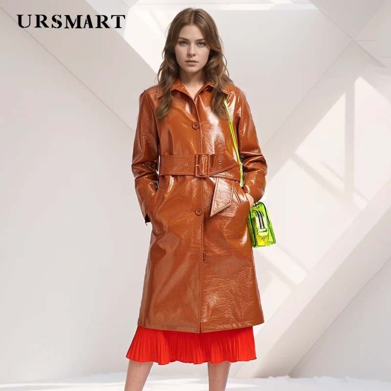 Stylish Women’s Leather Trench Coat Single-Breasted with Turn-Down Collar  Wide Belt Outerwear Trendy leather jacket