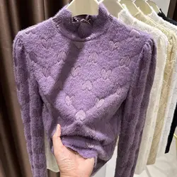 New Autumn Winter Women Fashion Fluffy Half High Collar Long Sleeve Basic T-shirt Female Hollow Elegant Solid Slim Pullover Tops